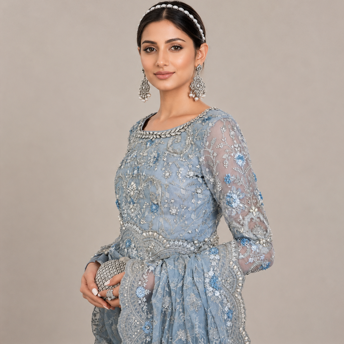 Ice Blue Sequin & Pearl Embroidered Party Wear Suit