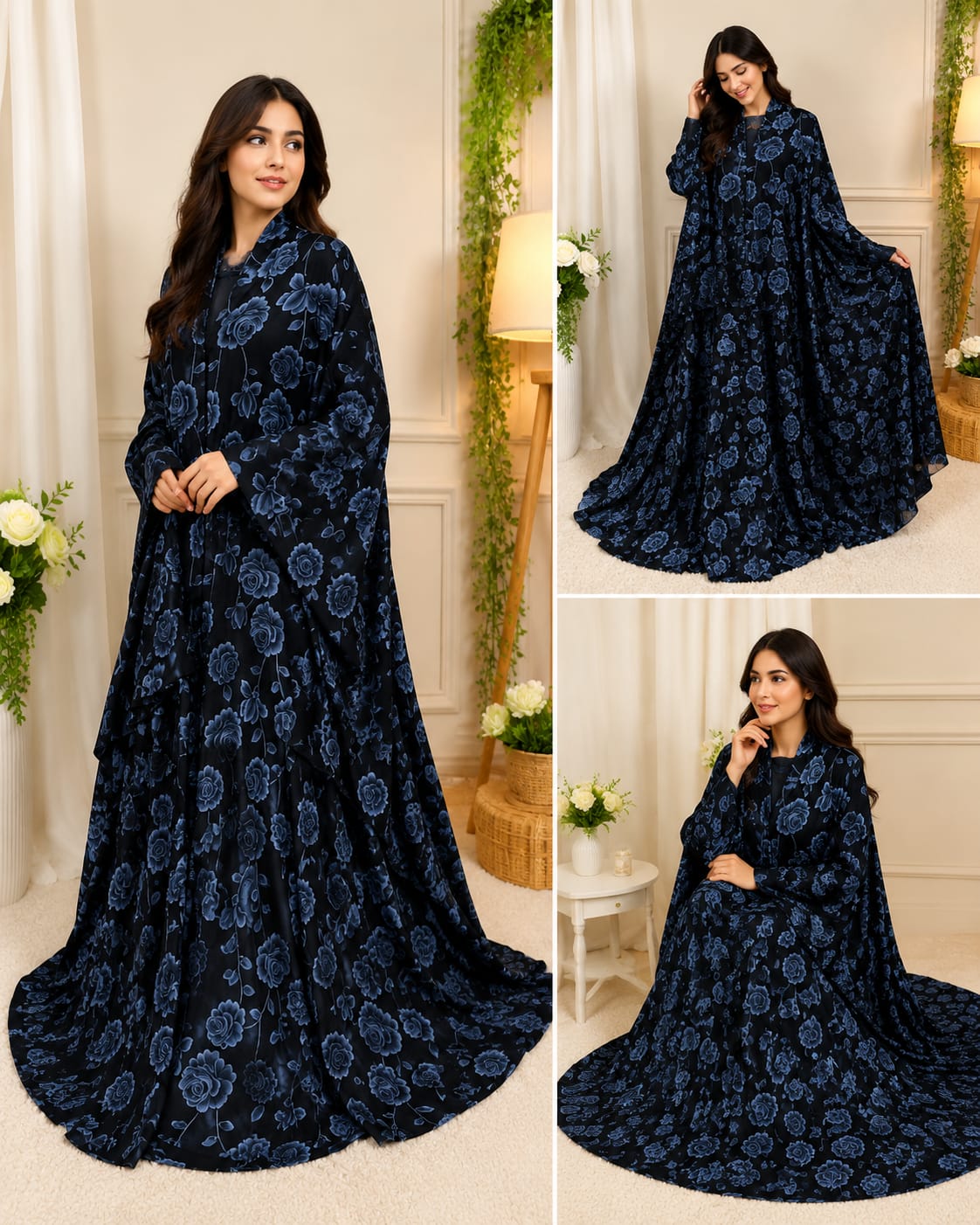 Luxury Floral Printed Open Abaya – Multiple Colors Available 🖤🌸