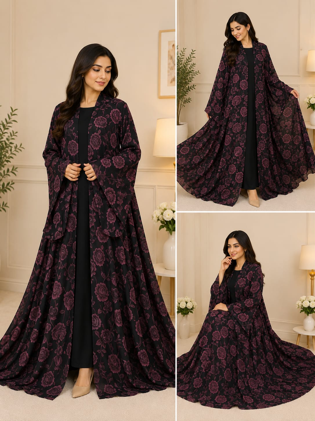 Luxury Floral Printed Open Abaya – Multiple Colors Available 🖤🌸