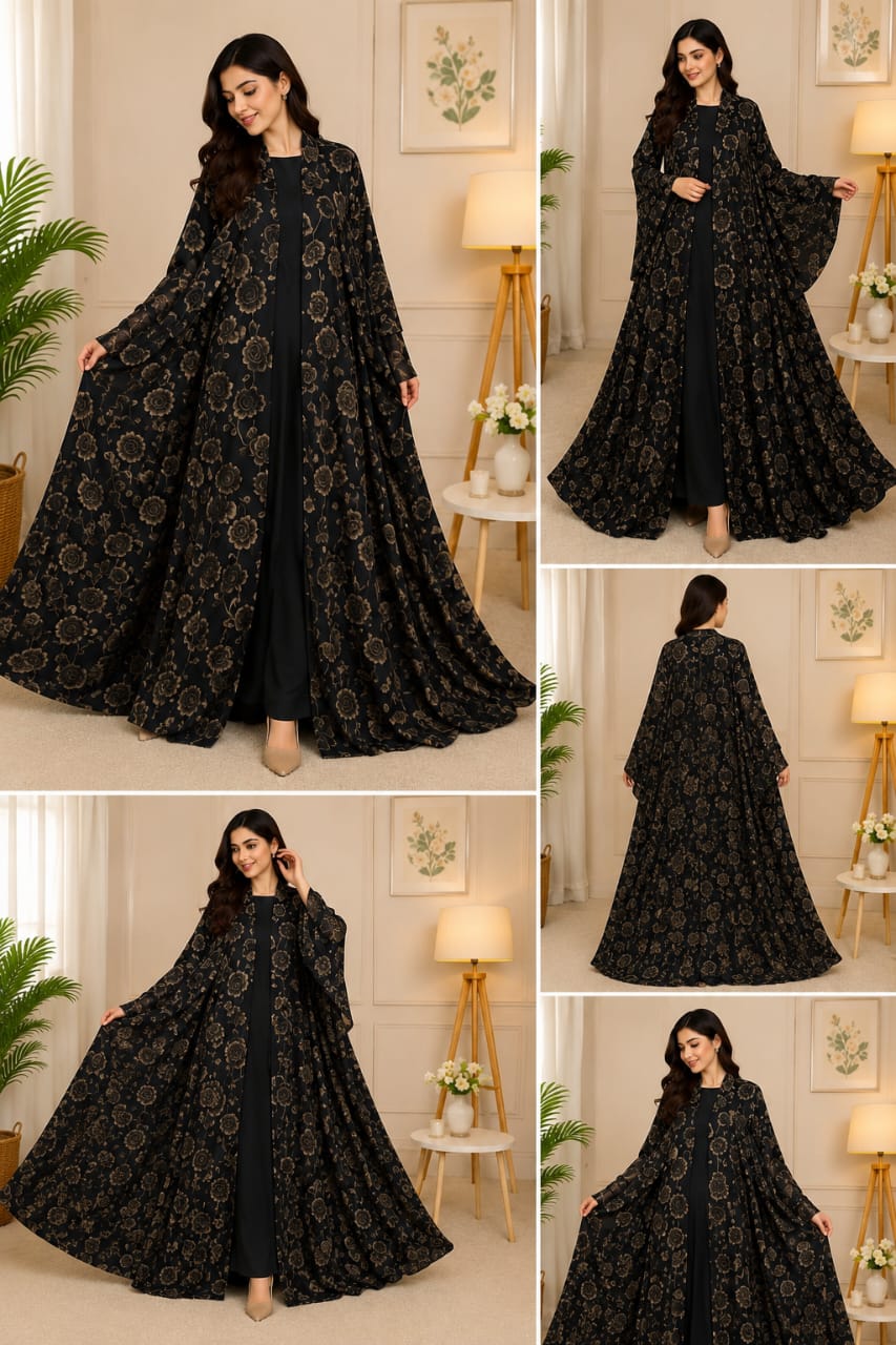 Luxury Floral Printed Open Abaya – Multiple Colors Available 🖤🌸