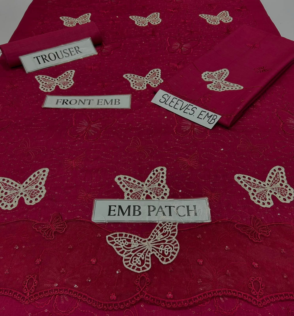 Butterfly Embroidered 3 Piece Lawn Suit – Magenta Pink | Premium Summer Collection