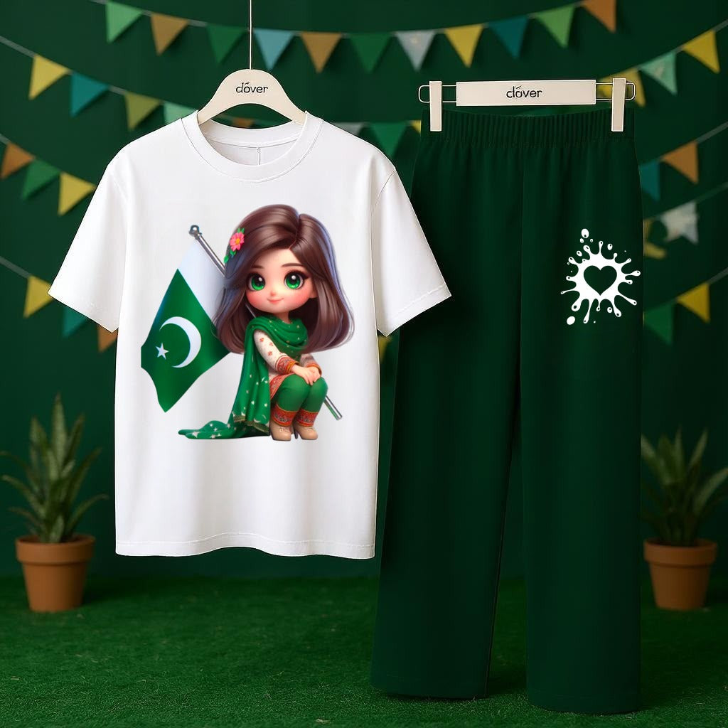 Title:  🇵🇰 14 August Independence Day Kids T-Shirt & Trouser Set | Pakistan Day Green & White Outfit | 2-Piece Dress 💚🤍