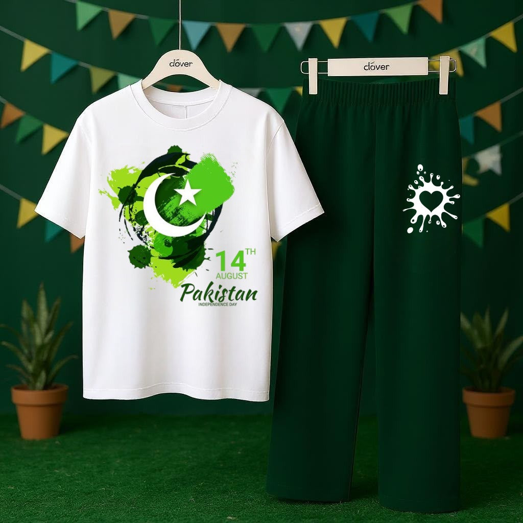 Title:  🇵🇰 14 August Independence Day Kids T-Shirt & Trouser Set | Pakistan Day Green & White Outfit | 2-Piece Dress 💚🤍