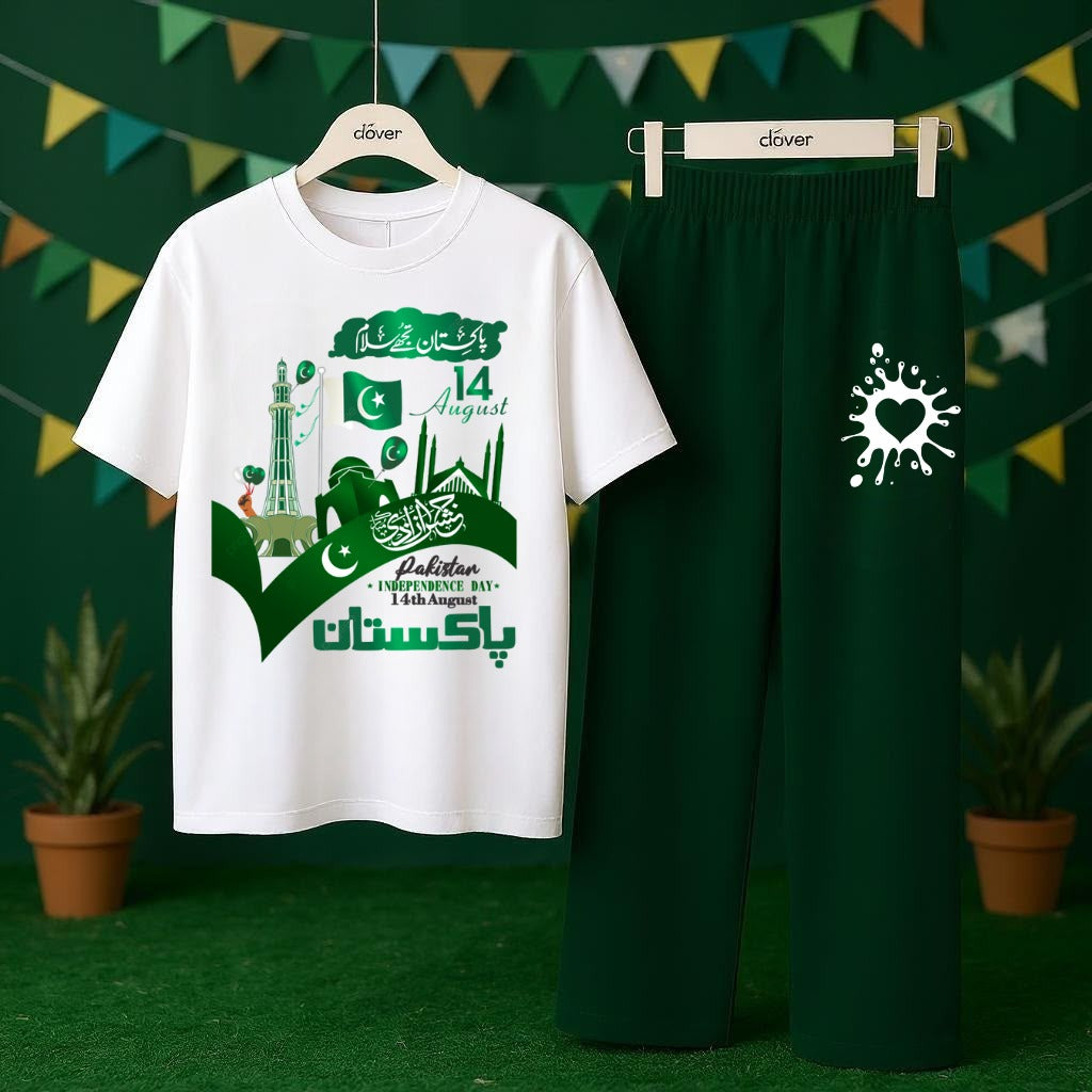 Title:  🇵🇰 14 August Independence Day Kids T-Shirt & Trouser Set | Pakistan Day Green & White Outfit | 2-Piece Dress 💚🤍