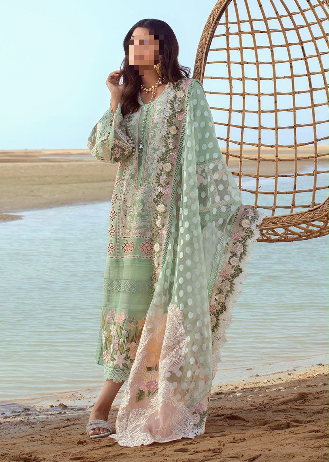 Luxury Mint Green Embroidered 3 Piece Unstitched Lawn Suit with Organza Dupatta �
