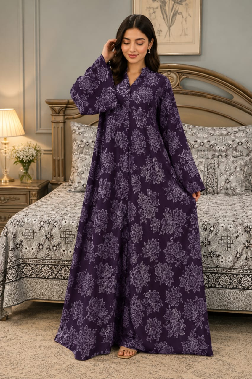 Elegant Floral Printed Front Open Abaya 🌿💚