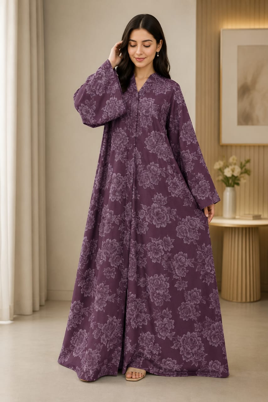 Elegant Floral Printed Front Open Abaya 🌿💚