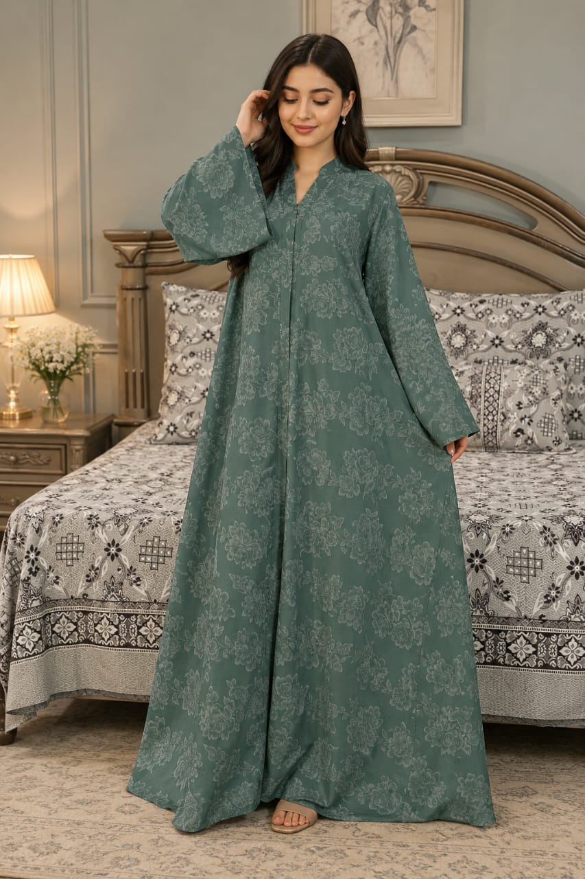 Elegant Floral Printed Front Open Abaya 🌿💚