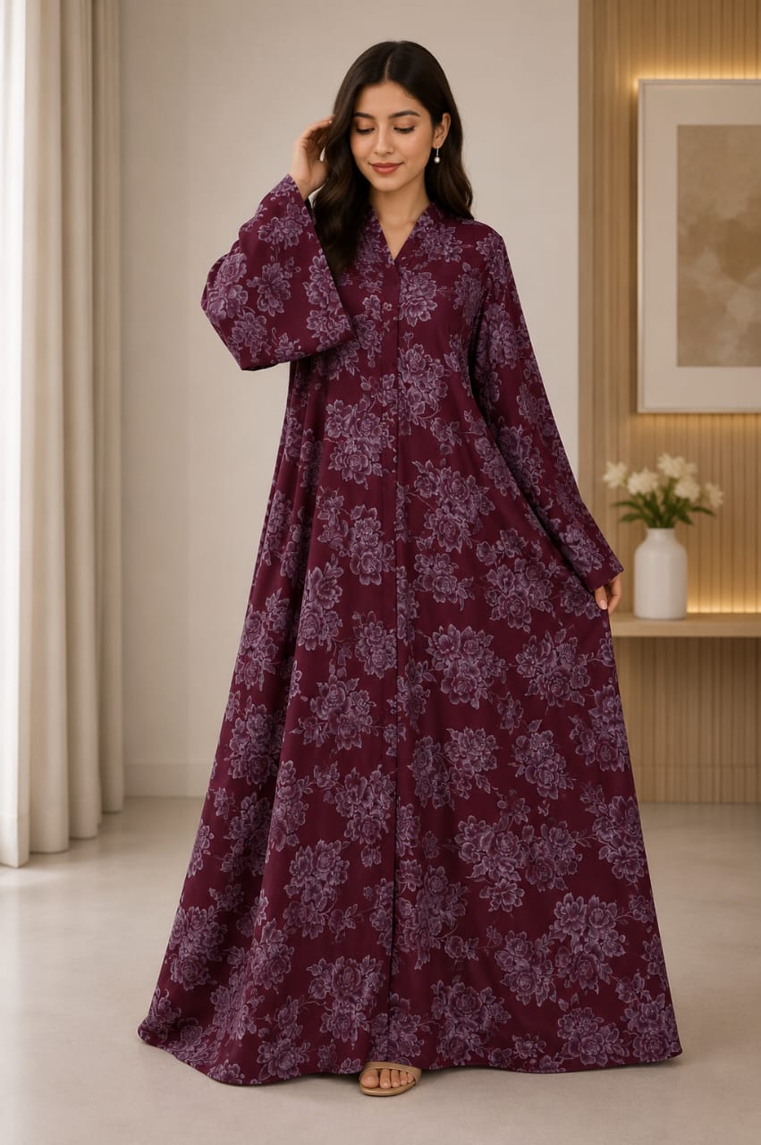 Elegant Floral Printed Front Open Abaya 🌿💚