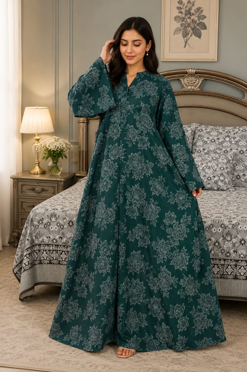 Elegant Floral Printed Front Open Abaya 🌿💚