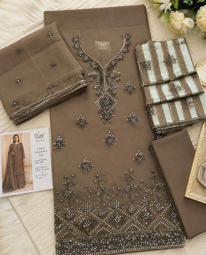 ✨ QMF Premium 3 Piece Unstitched Embroidered Lawn Suit – Digital Printed Chiffon Dupatta