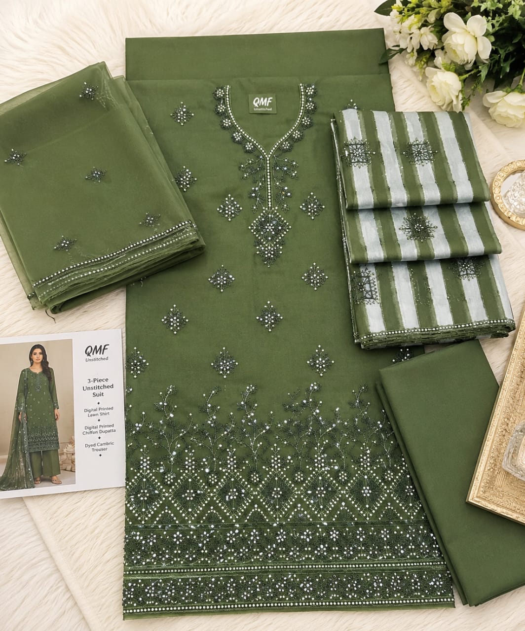✨ QMF Premium 3 Piece Unstitched Embroidered Lawn Suit – Digital Printed Chiffon Dupatta