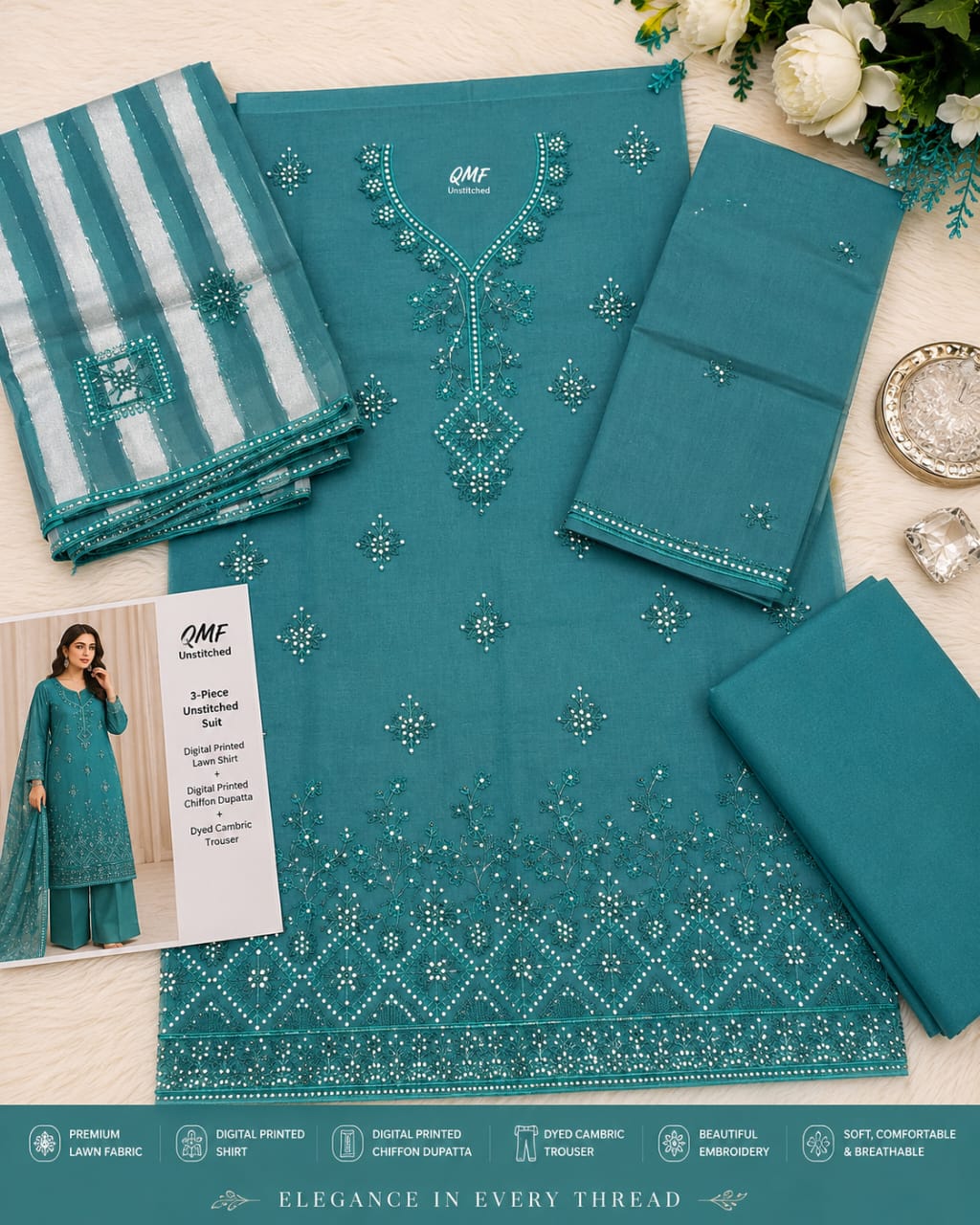 ✨ QMF Premium 3 Piece Unstitched Embroidered Lawn Suit – Digital Printed Chiffon Dupatta