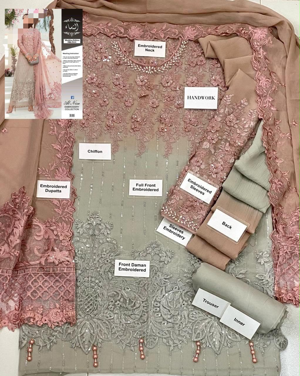Luxury Embroidered 3 Piece Formal Suit – Blush Pink & Beige ✨