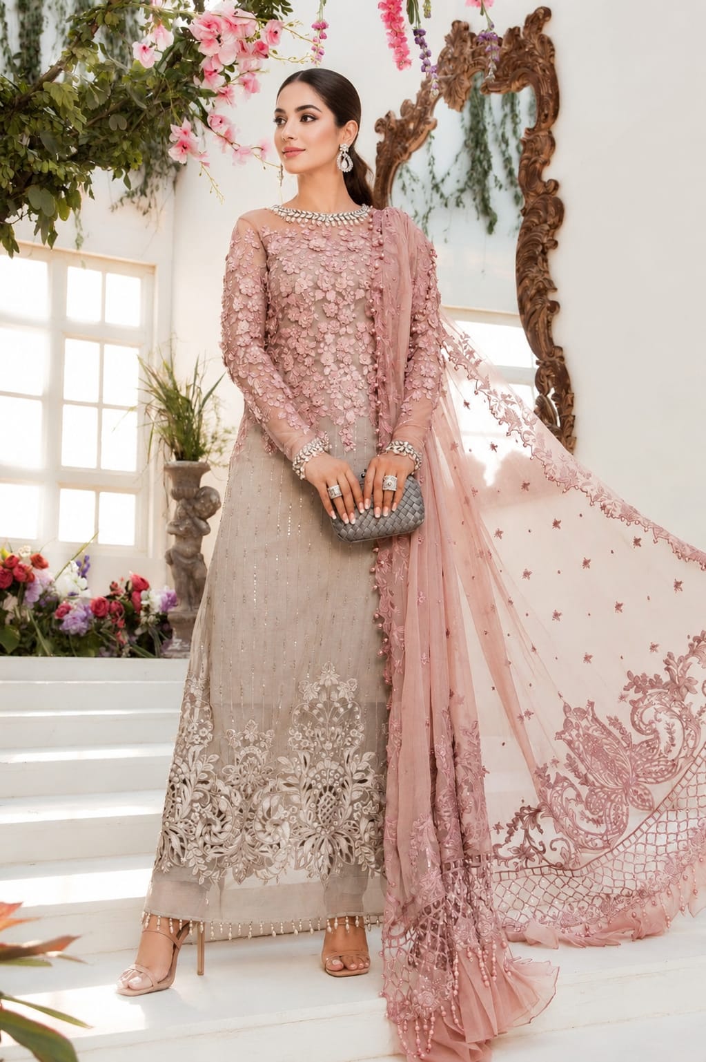 Luxury Embroidered 3 Piece Formal Suit – Blush Pink & Beige ✨