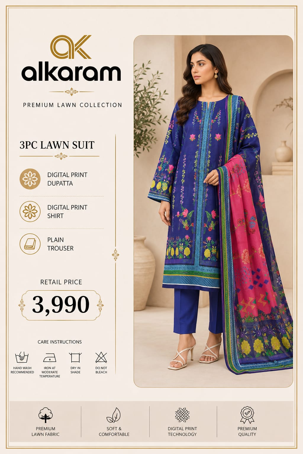 Alkaram Premium Floral Digital Print 3 Piece Lawn Suit
