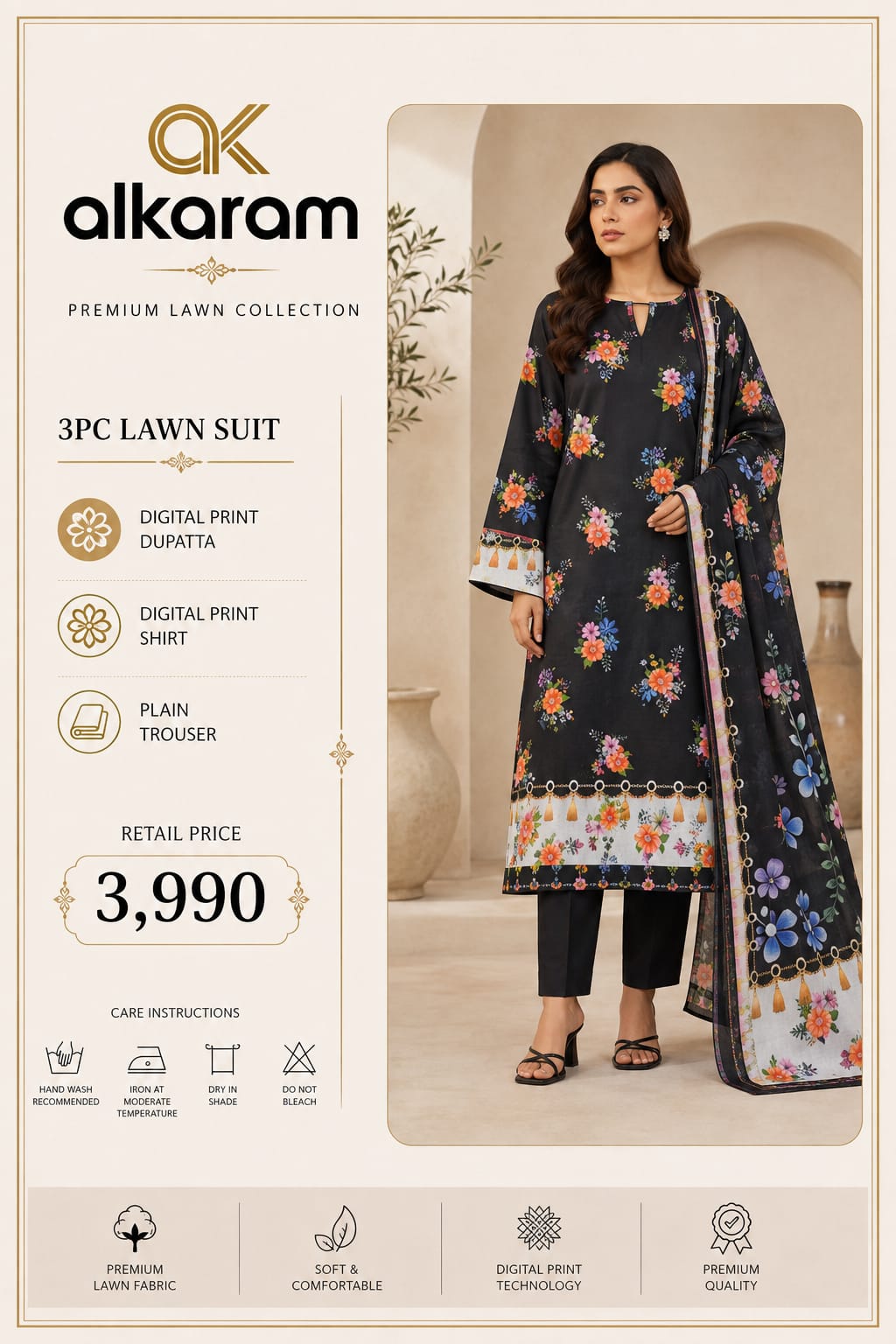 Alkaram Premium Floral Digital Print 3 Piece Lawn Suit