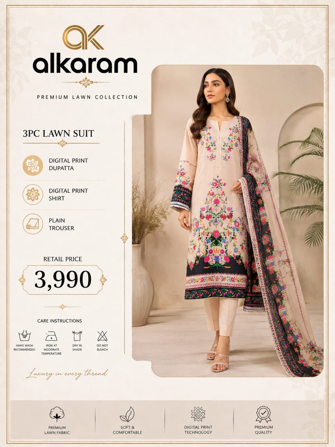 Alkaram Premium Floral Digital Print 3 Piece Lawn Suit