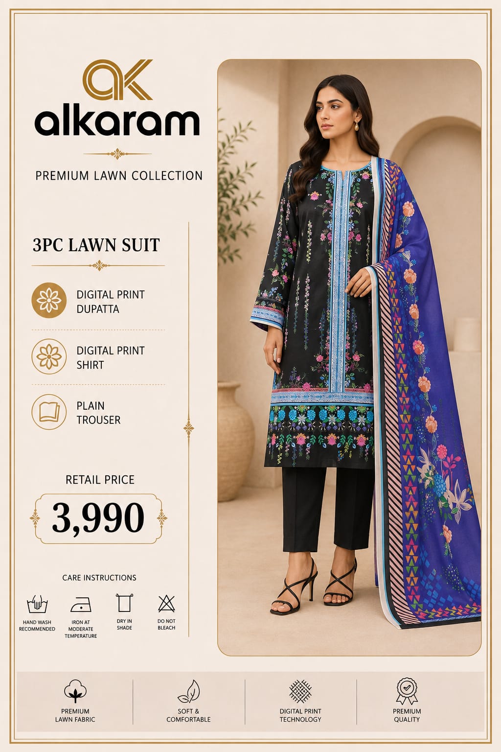 Alkaram Premium Floral Digital Print 3 Piece Lawn Suit