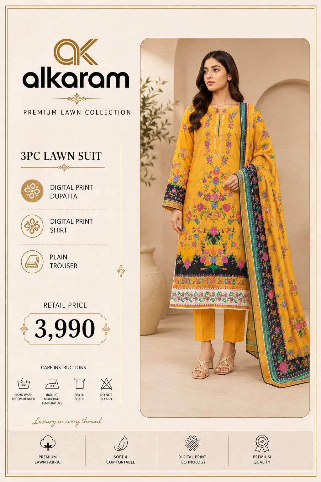 Alkaram Premium Floral Digital Print 3 Piece Lawn Suit