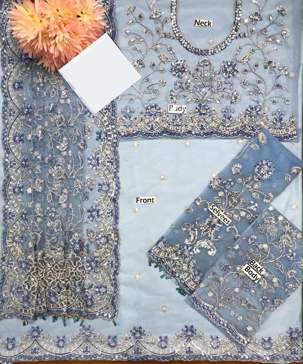 Ice Blue Sequin & Pearl Embroidered Party Wear Suit