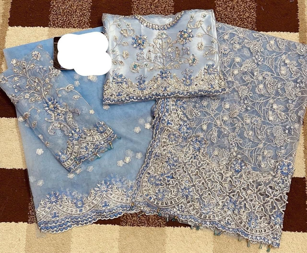 Ice Blue Sequin & Pearl Embroidered Party Wear Suit